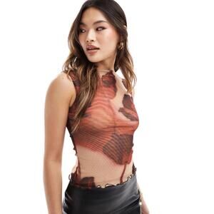 (SOLD) ASOS DESIGN Mesh Boat Neck Top in Floral (X-SMALL)